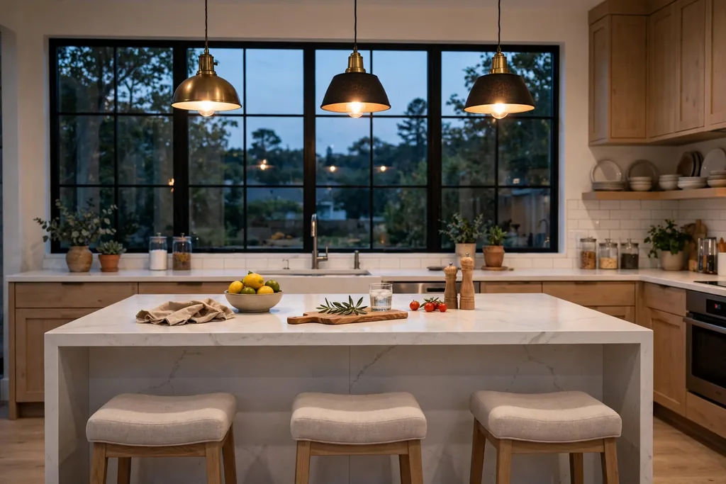 White quartz kitchen island under daylight and warm pendant lights.