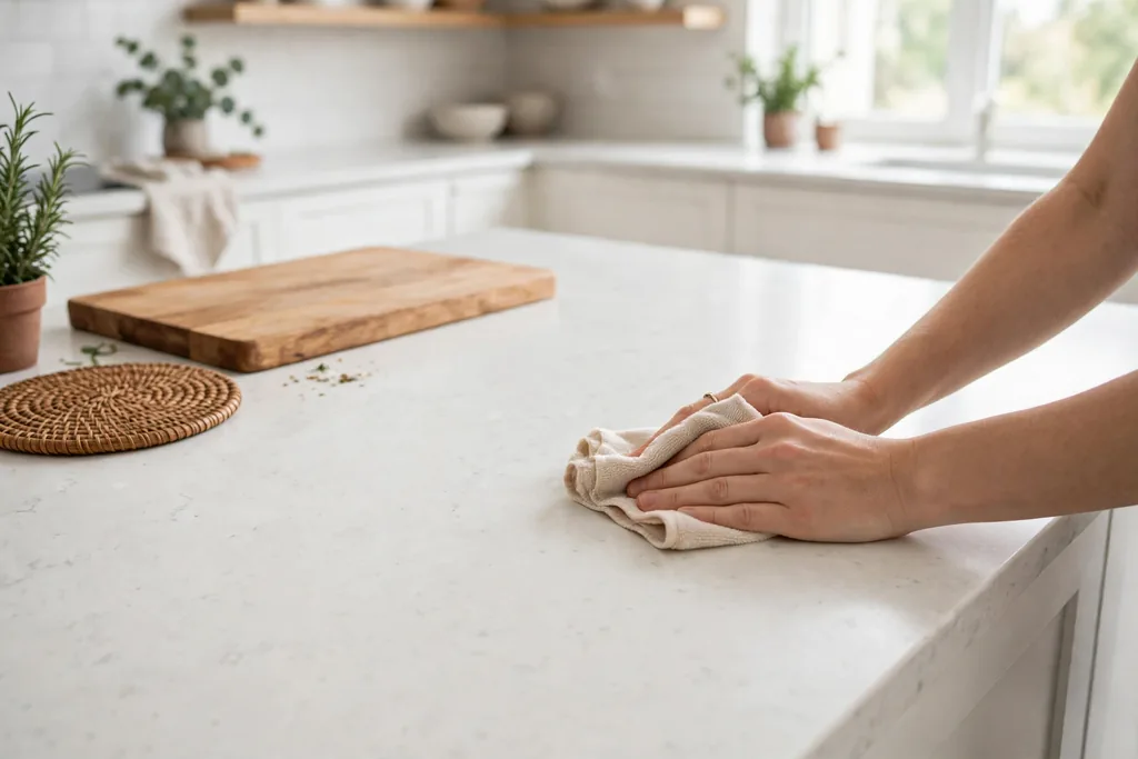 Wiping a white quartz countertop with a soft cloth near a cutting board.