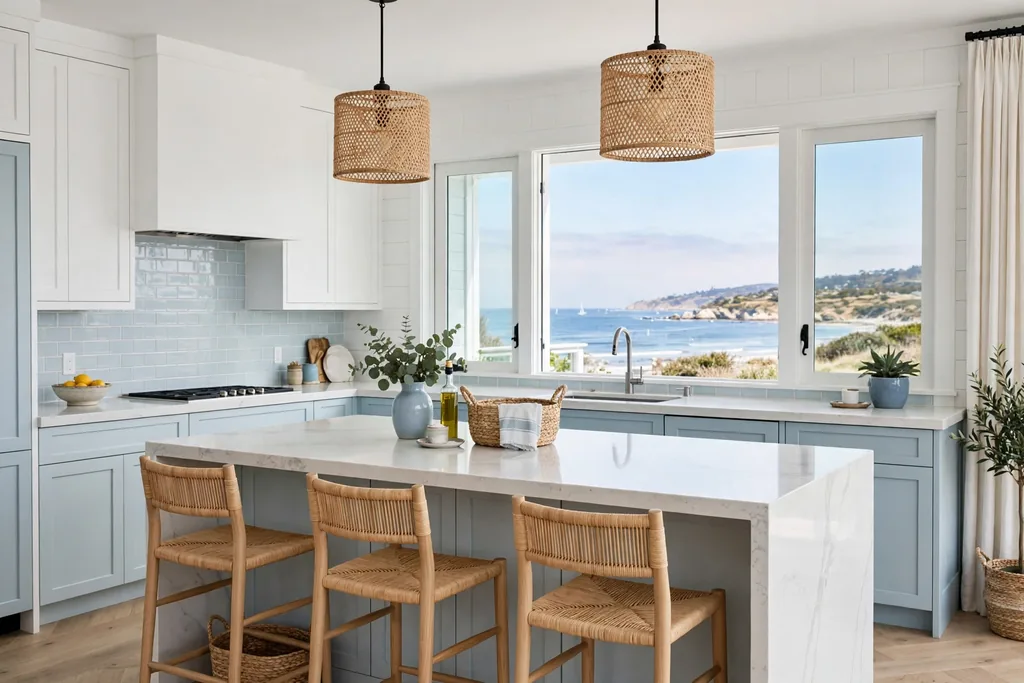 Coastal kitchen with white quartz countertops and light wood stools.