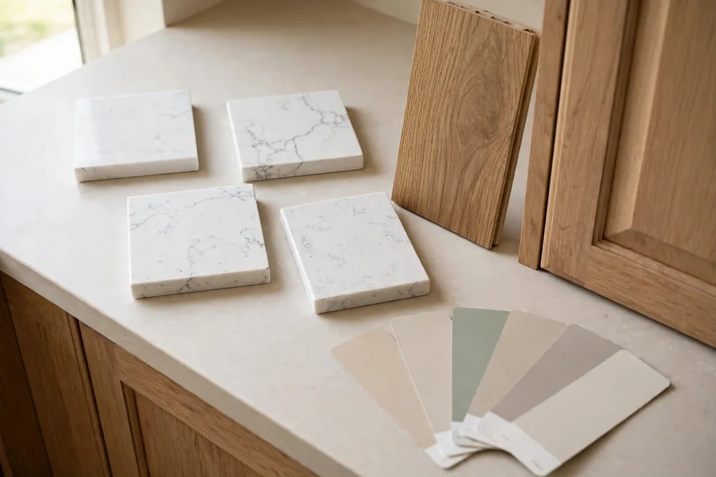 White quartz samples next to a cabinet door, flooring sample, and paint swatches.