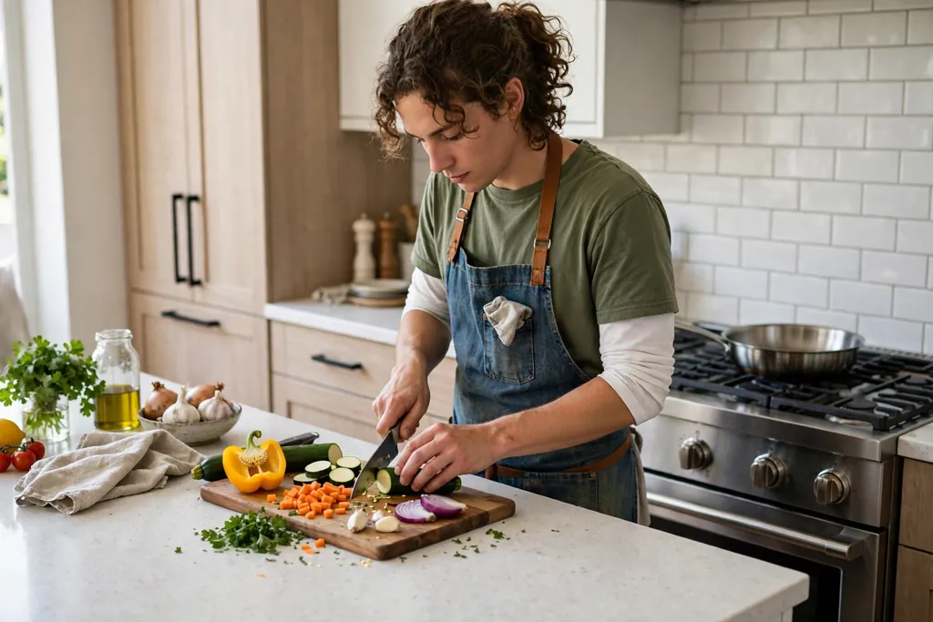Person prepping vegetables on a light quartz kitchen counter near a stove.