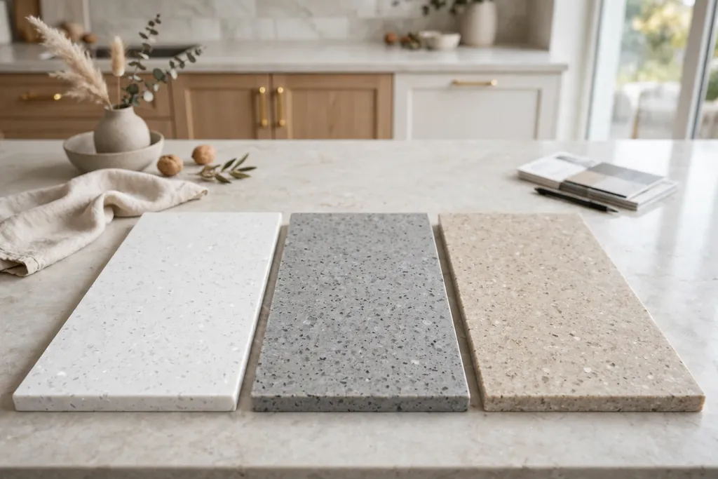 Quartz countertop samples in white, gray, and beige arranged side by side.