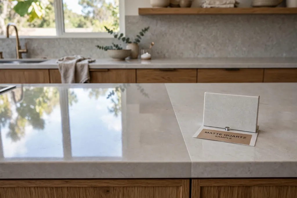 Polished quartz countertop beside a matte quartz sample in daylight.