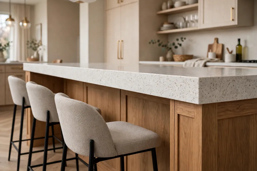 Side view of a thick quartz countertop edge on a kitchen island.
