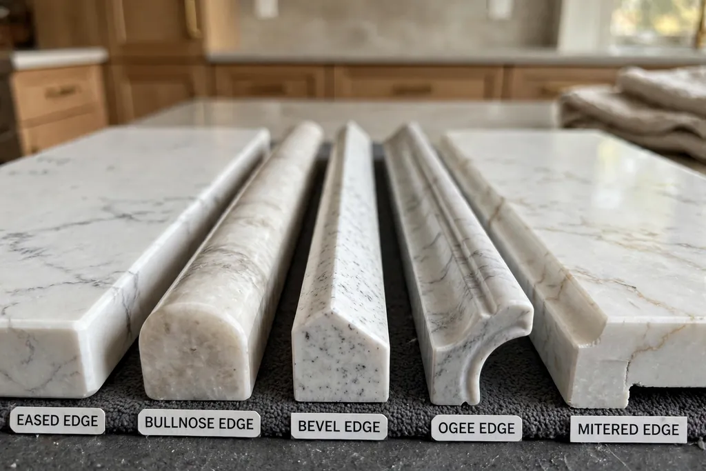 Different quartz countertop edge profiles shown on sample pieces.