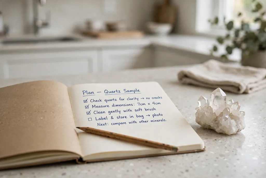 Notebook and pencil on a kitchen counter with a quartz sample and plan.