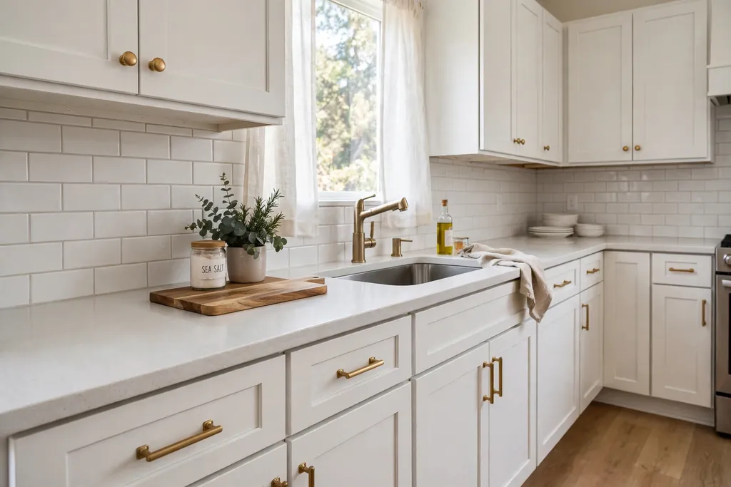 Light quartz countertop paired with white kitchen cabinets.