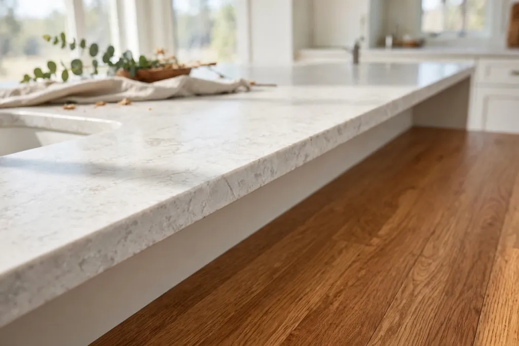 Quartz kitchen counter beside warm wood flooring.