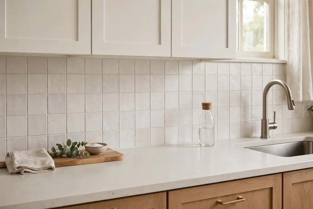 Plain light quartz countertop with a simple tile backsplash.