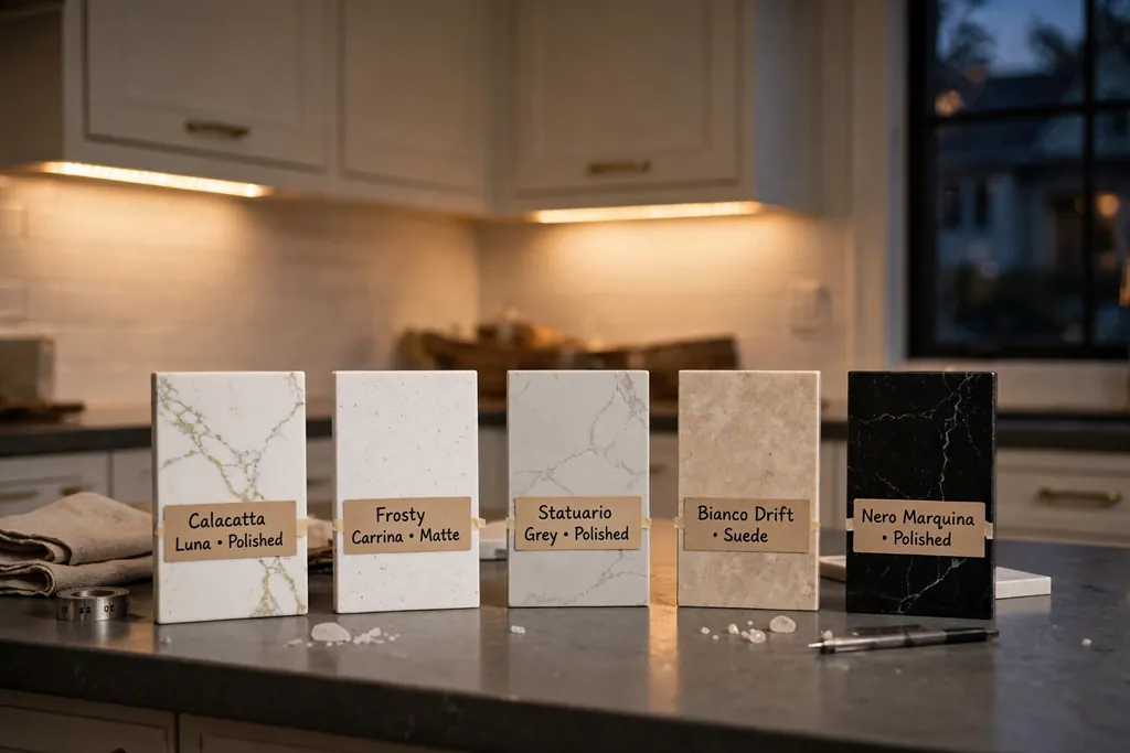 Quartz samples on a kitchen counter under warm evening lighting.