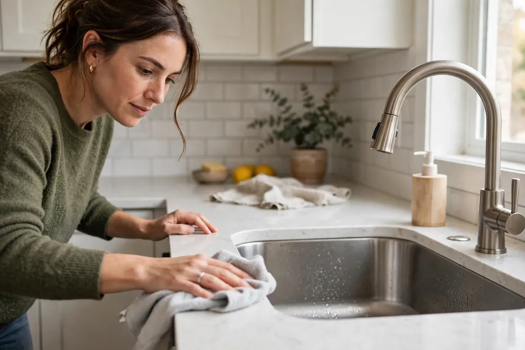 Person wiping a light quartz kitchen counter with a soft cloth.