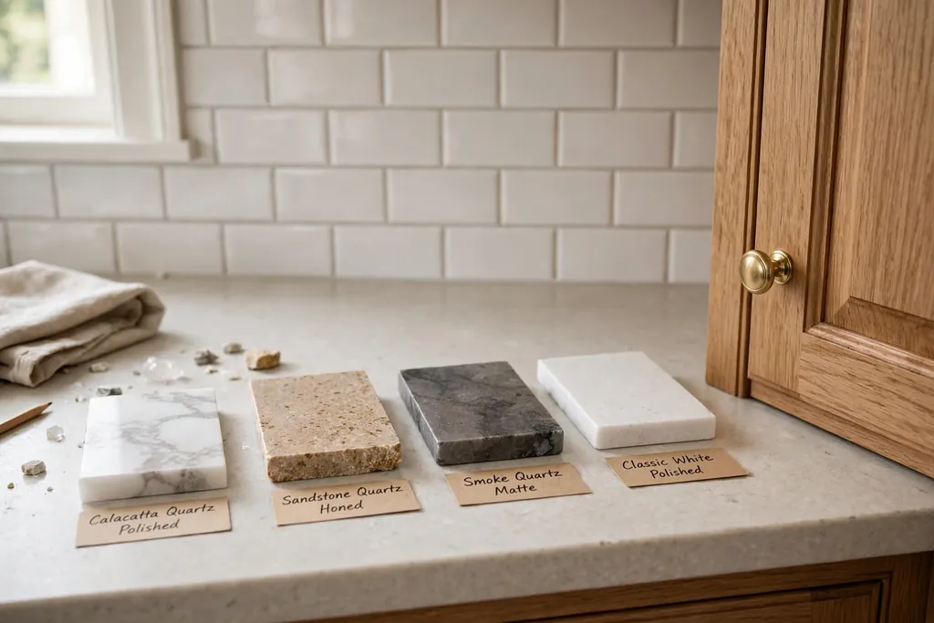 Quartz samples on a counter next to a cabinet door and backsplash tile.