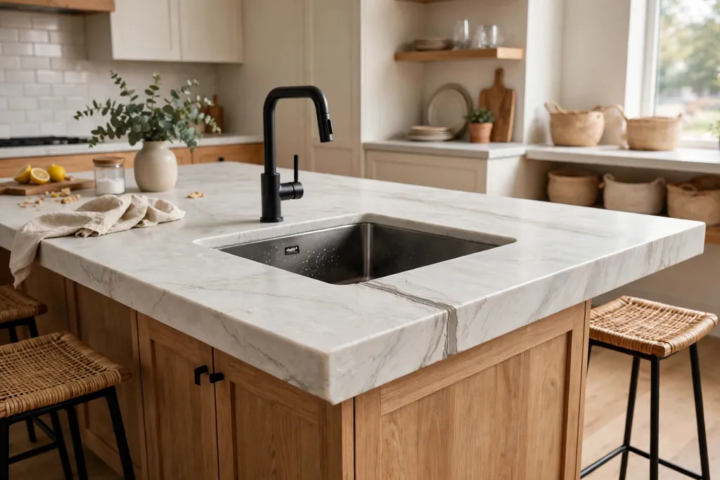 Kitchen island countertop with a seam detail and an undermount sink.