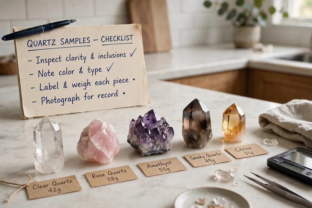 Written checklist and quartz samples laid out on a kitchen counter.