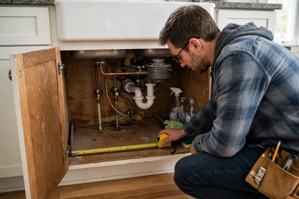 Measuring the inside of an open kitchen sink cabinet with a tape measure.