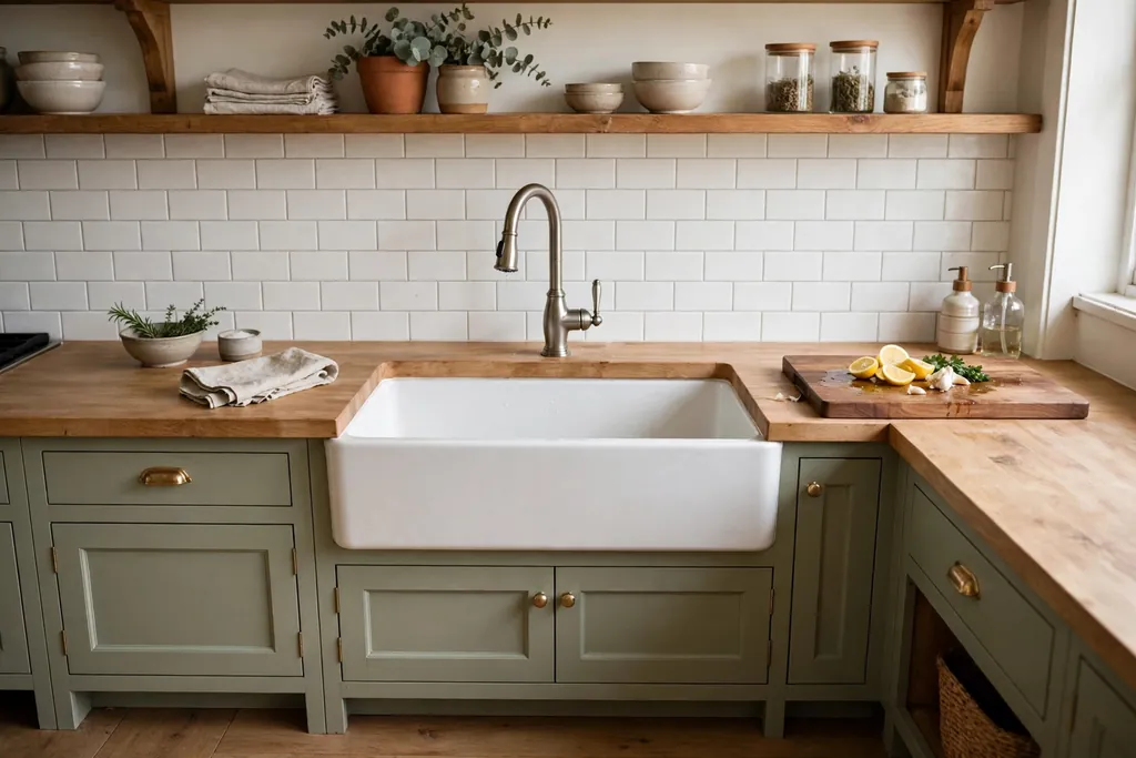 Farmhouse sink in a kitchen with counter space on both sides.