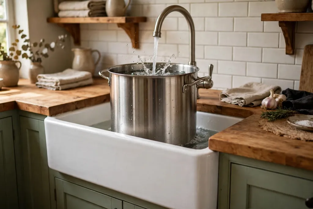 Deep farmhouse sink holding a tall stockpot under a running faucet.