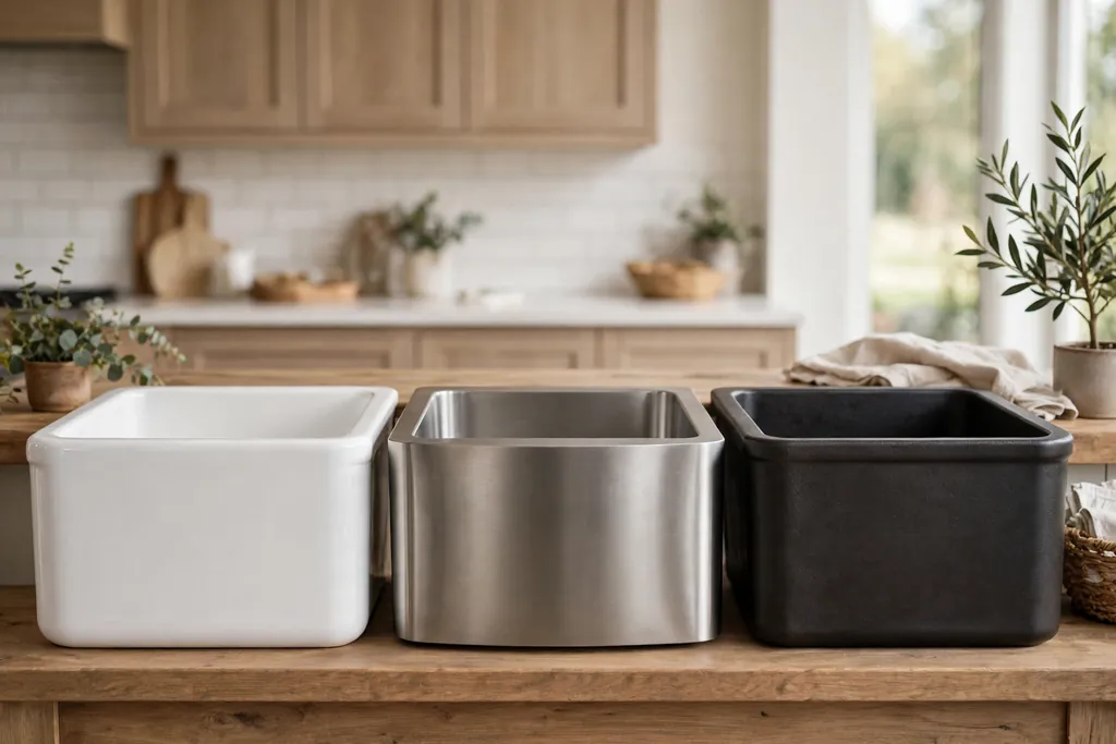 Farmhouse sink samples in white fireclay, stainless steel, and dark cast iron finishes.