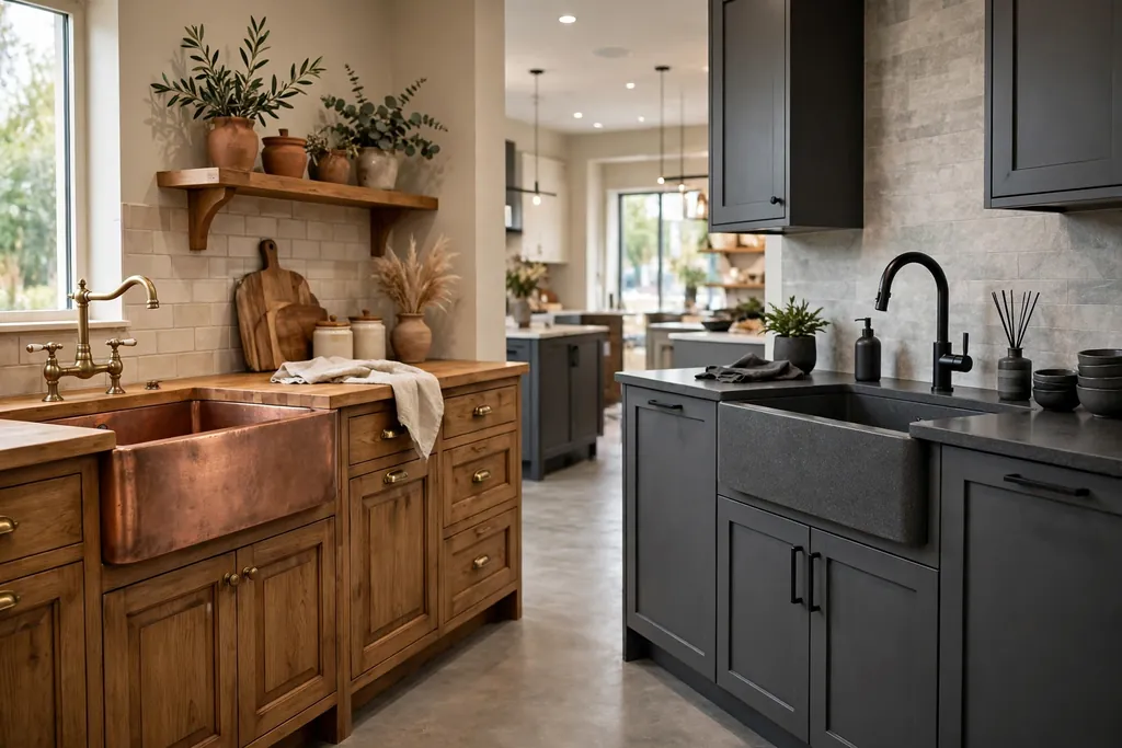 Copper farmhouse sink and matte granite composite farmhouse sink in kitchen displays.