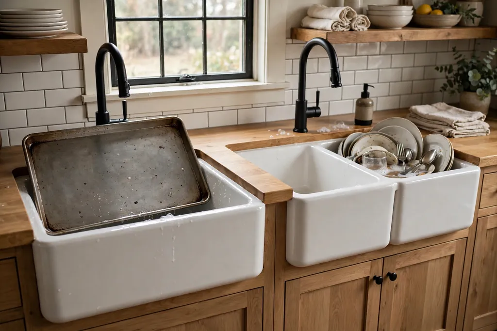 Single bowl farmhouse sink with a sheet pan beside a double bowl farmhouse sink.