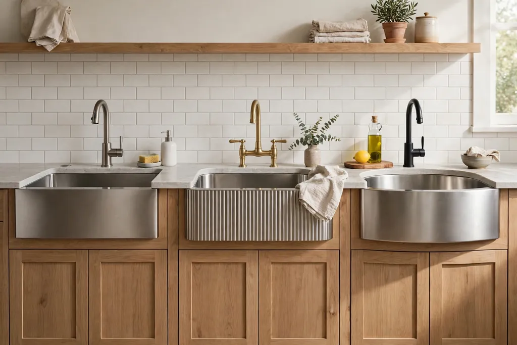 Apron front sink fronts in flat, fluted, and curved styles.