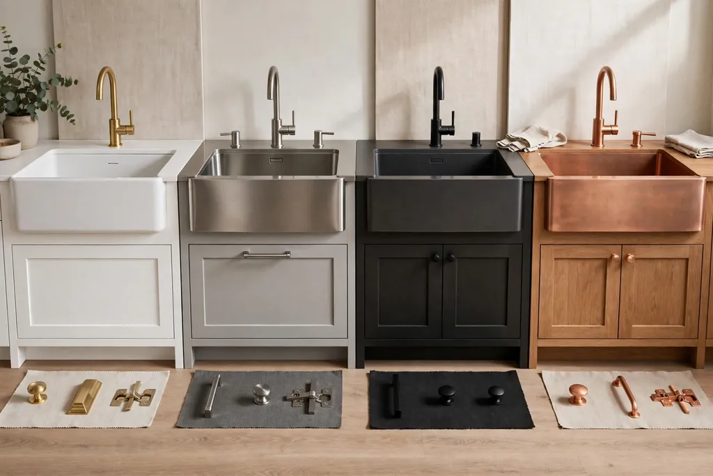 Kitchen sinks in white, steel, dark, and copper finishes with hardware samples.