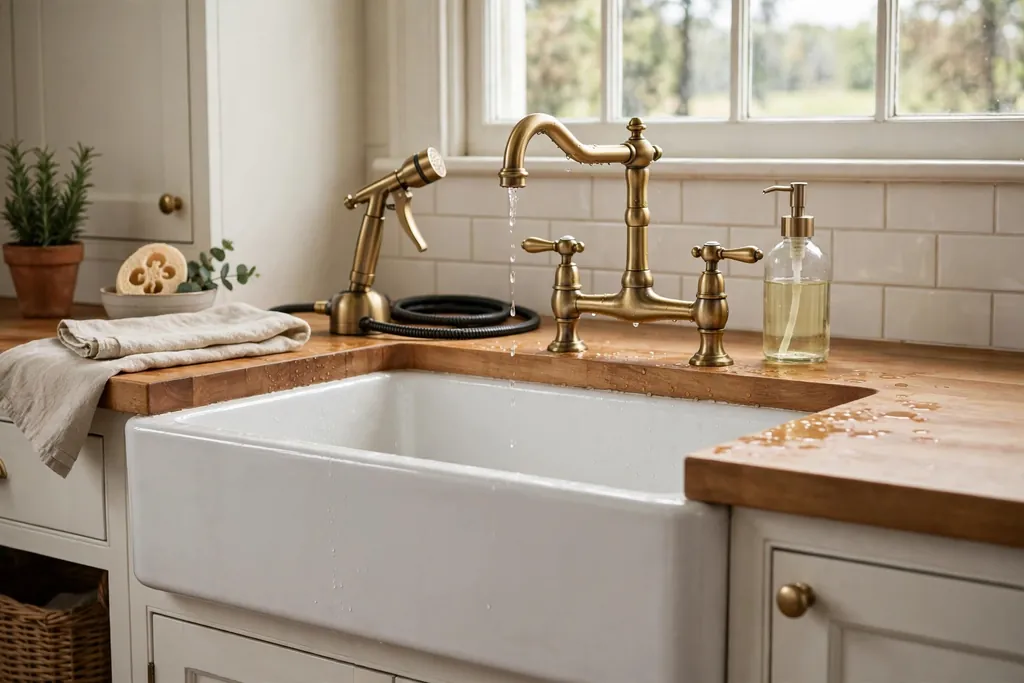Bridge faucet over a farmhouse sink with a soap dispenser and sprayer.