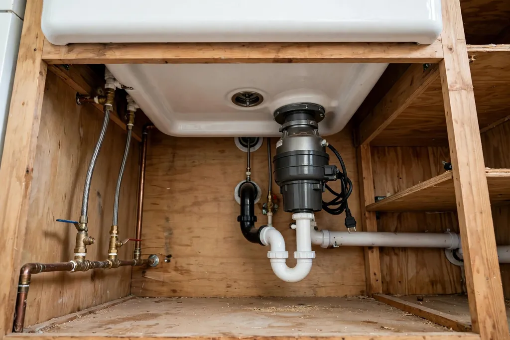 Underside of a farmhouse sink showing a rear drain, pipes, and a garbage disposal.
