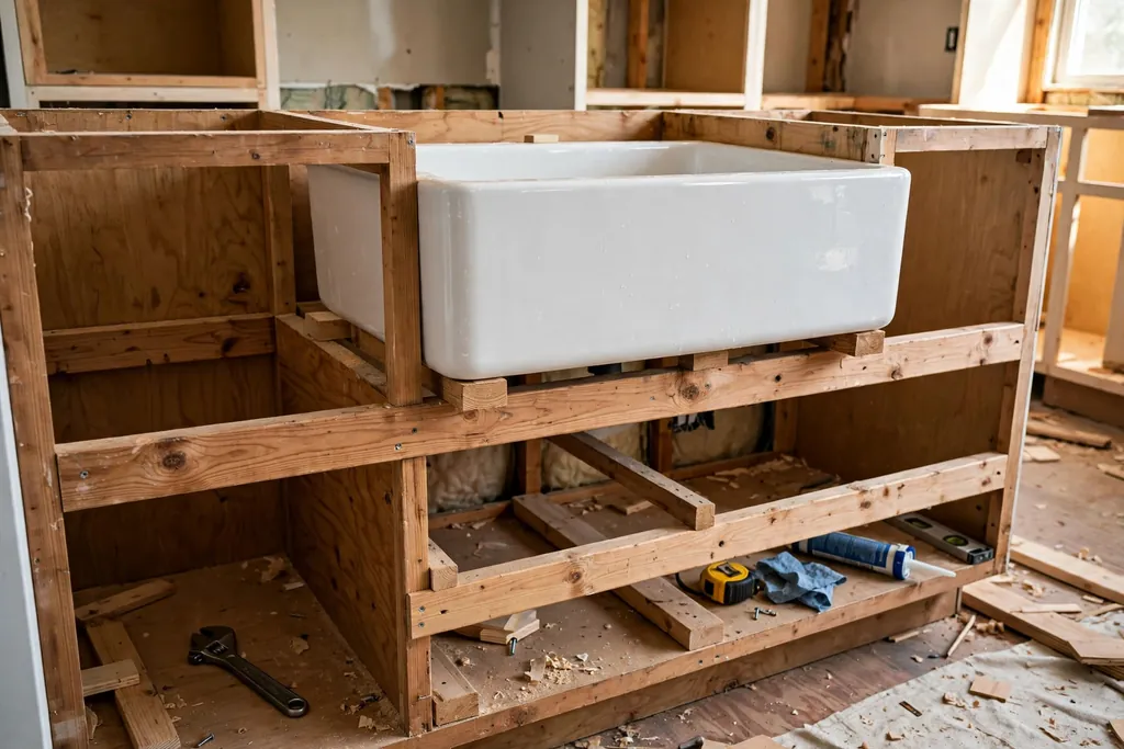 Farmhouse sink supported by wooden rails inside an open kitchen cabinet.