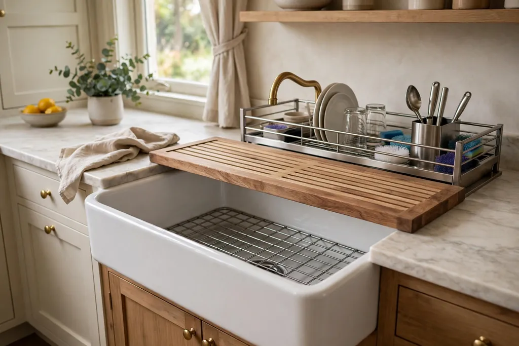 Farmhouse sink fitted with a bottom grid, cutting board, and drying rack.