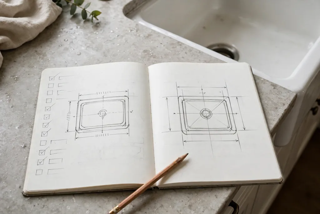 Kitchen planning notebook with sink measurements on a countertop near a farmhouse sink.