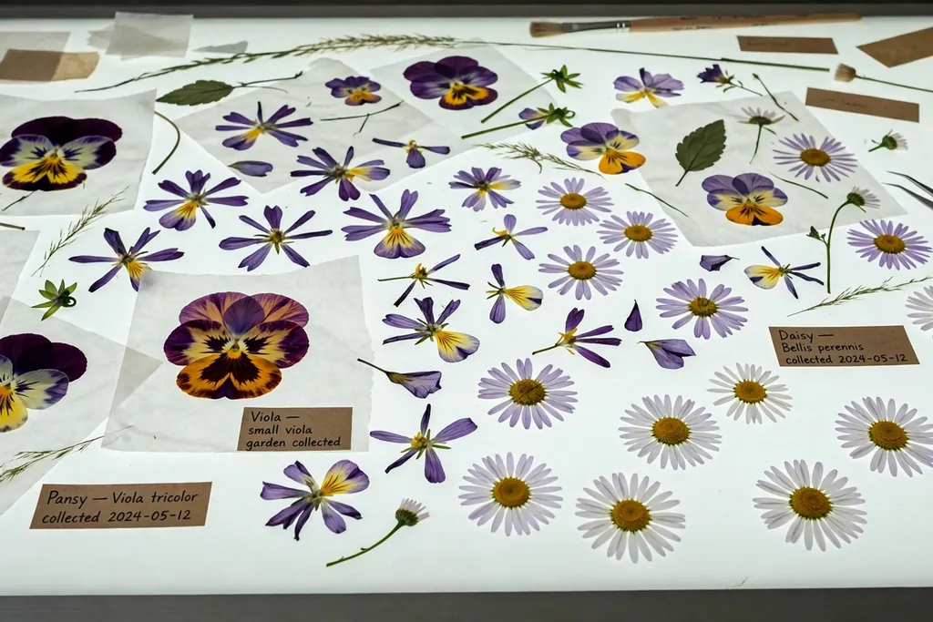 Pansies, violas, and daisies laid out on a table for pressing.