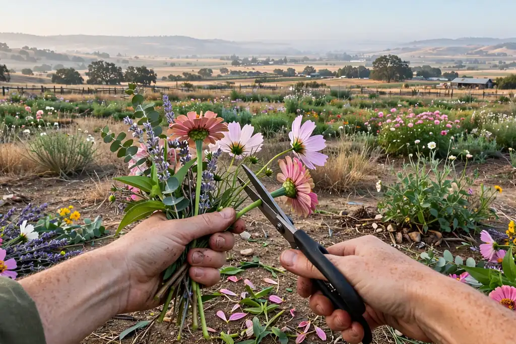Hands cutting fresh flowers with scissors in a garden.