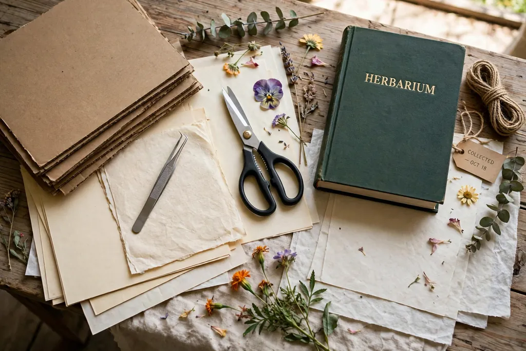 Flower pressing supplies laid out on a table with paper, cardboard, a book, and tweezers.