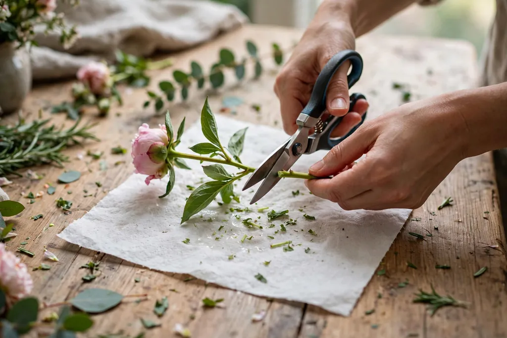 Hands trimming a flower stem with scissors over absorbent paper.
