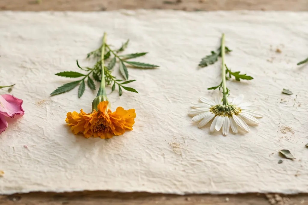 Flowers laid face down and spaced apart on absorbent paper.