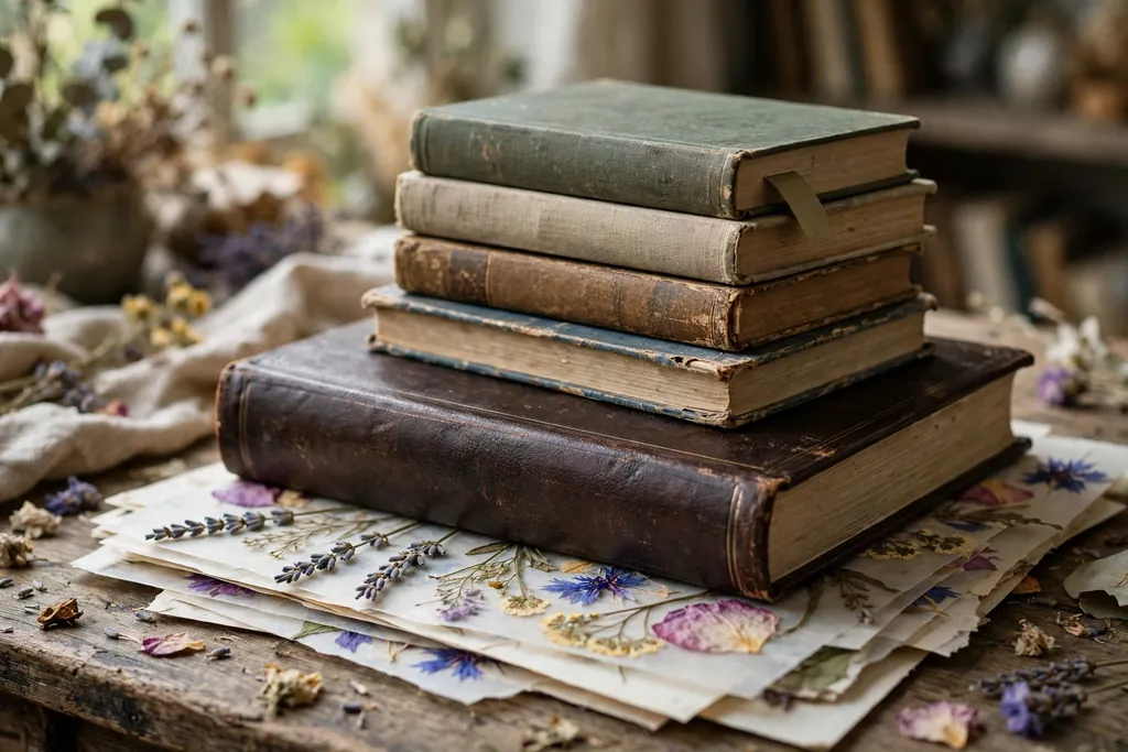 Heavy book closed over pressed flowers with more books stacked on top.