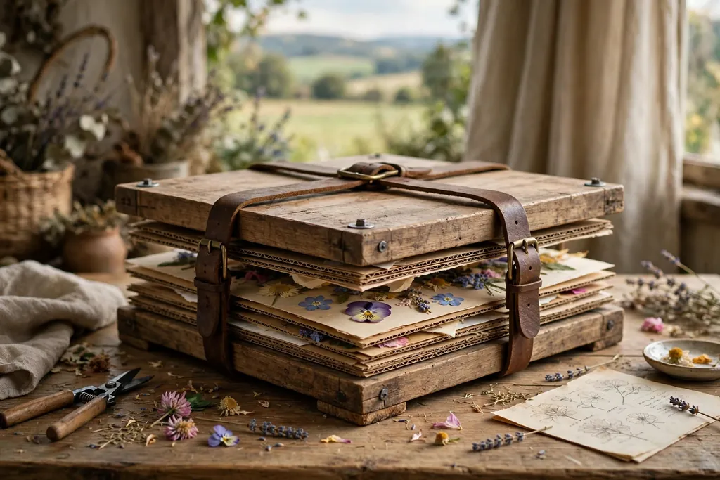 Wooden flower press with straps holding layered flowers and paper.