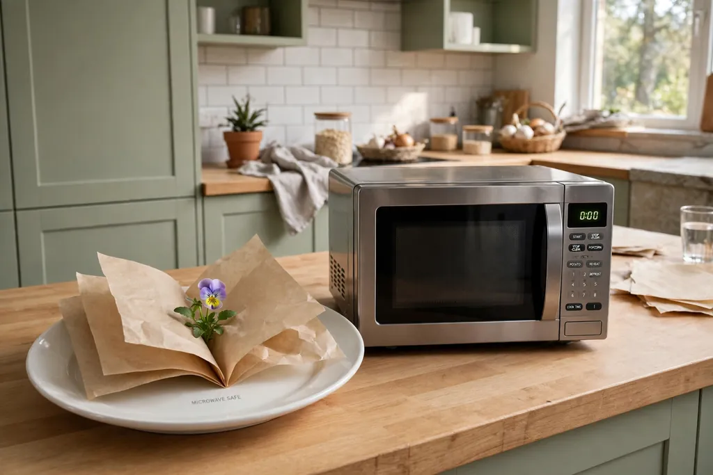 Small flower between paper sheets on a plate beside a microwave.