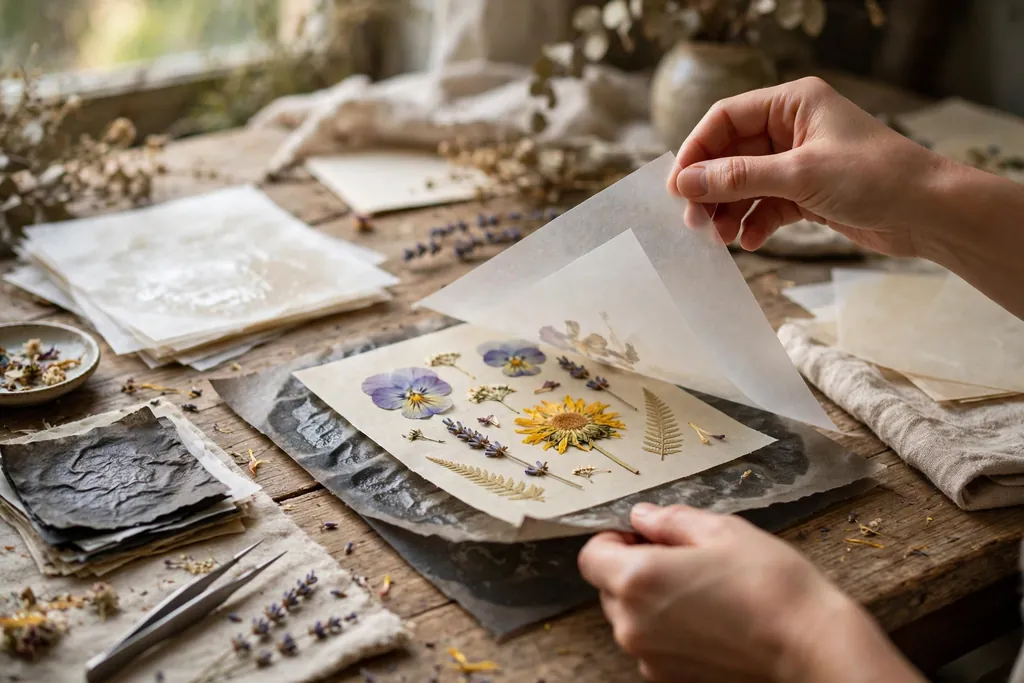 Hands changing absorbent paper over pressed flowers.