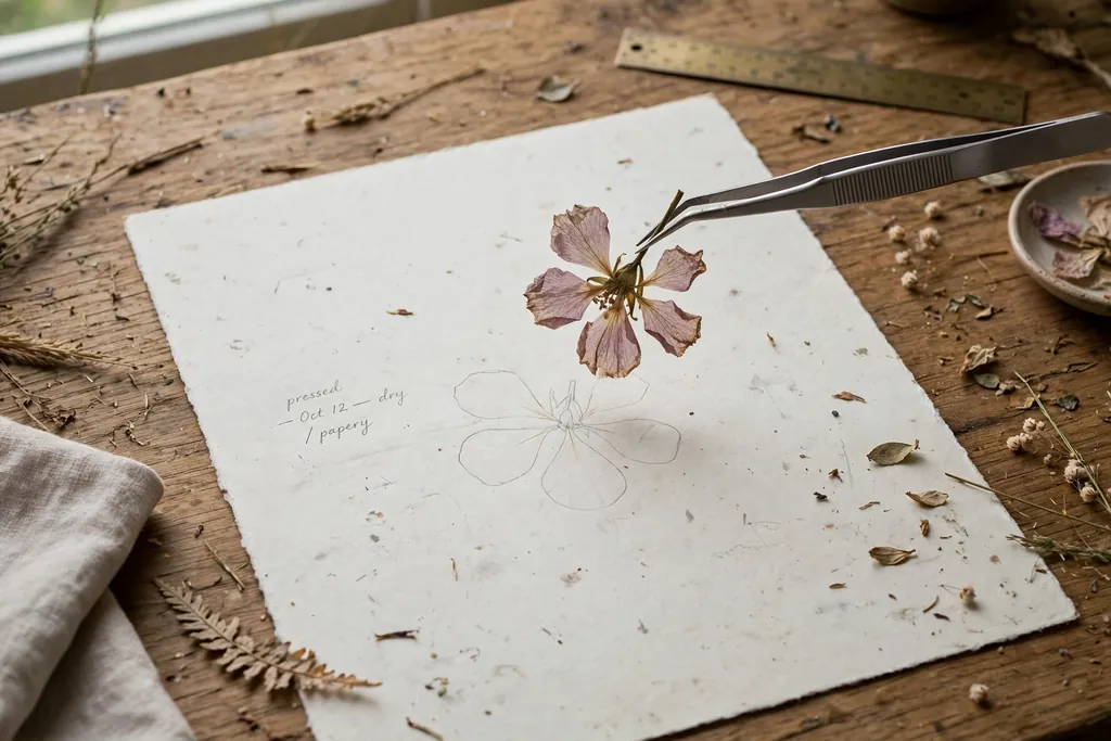 Tweezers lifting a dry pressed flower from paper.