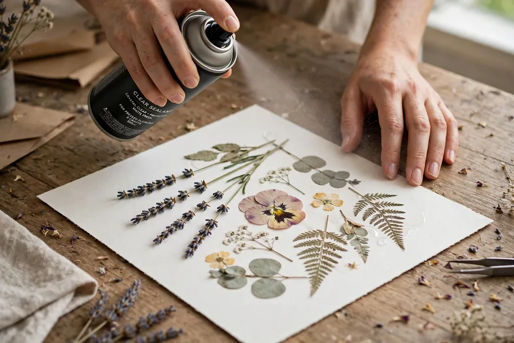 Hands spraying clear sealant over pressed flowers laid flat.