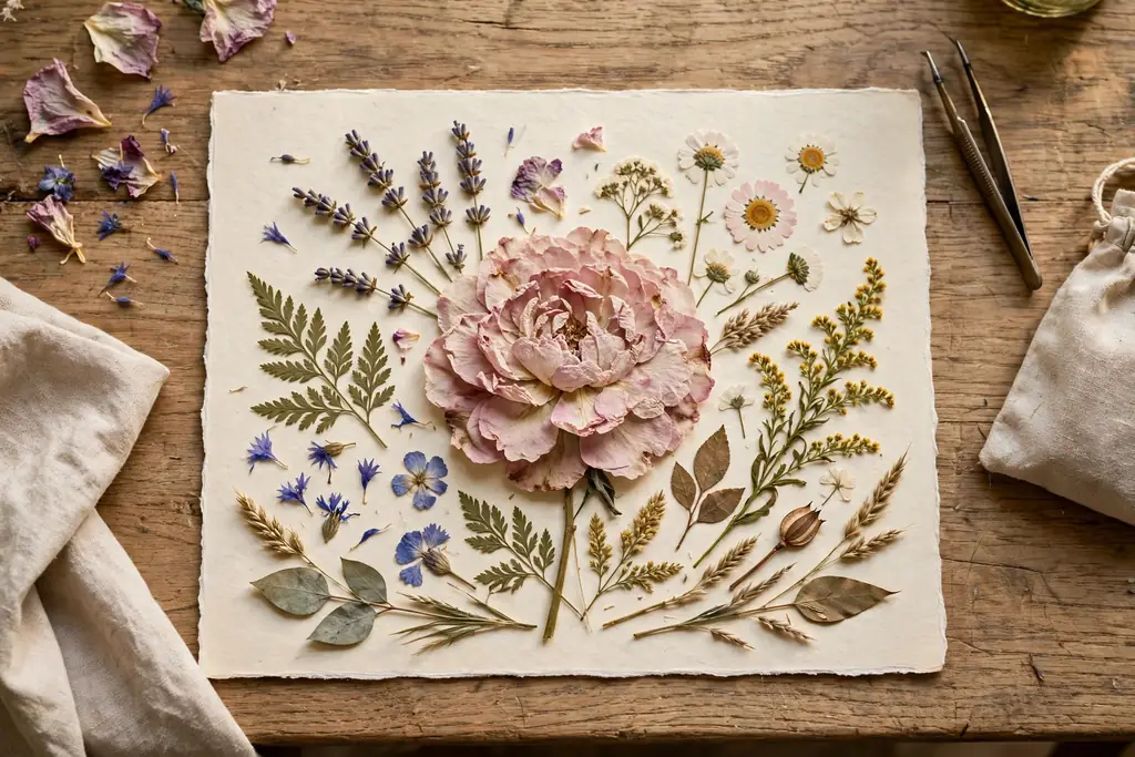 Pressed flowers arranged on a mounting card before gluing.
