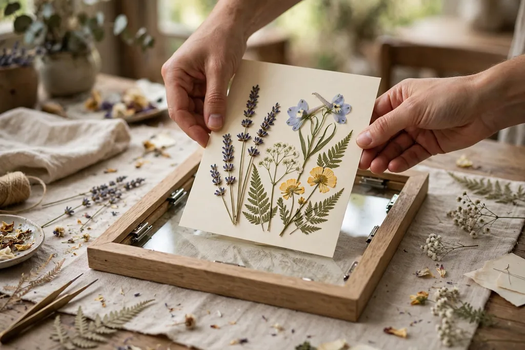 Hands setting a pressed flower card into a wooden frame.