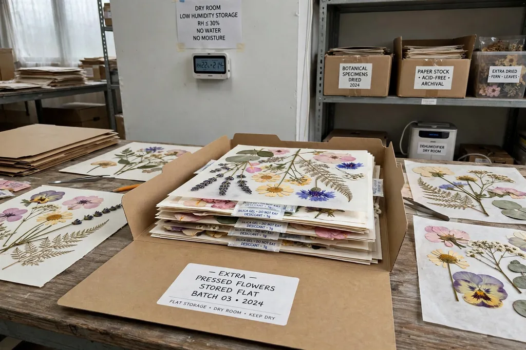 Pressed flowers stored flat between paper sheets inside a folder.