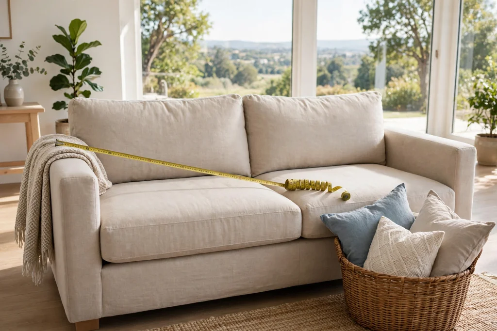 Empty sofa being measured with a tape measure, with pillows set aside in a basket.