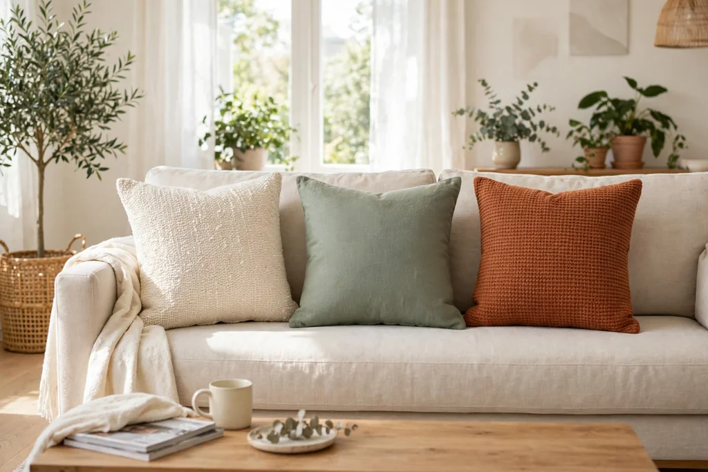 Throw pillows in cream, sage, and rust laid out to test a color palette on a sofa.