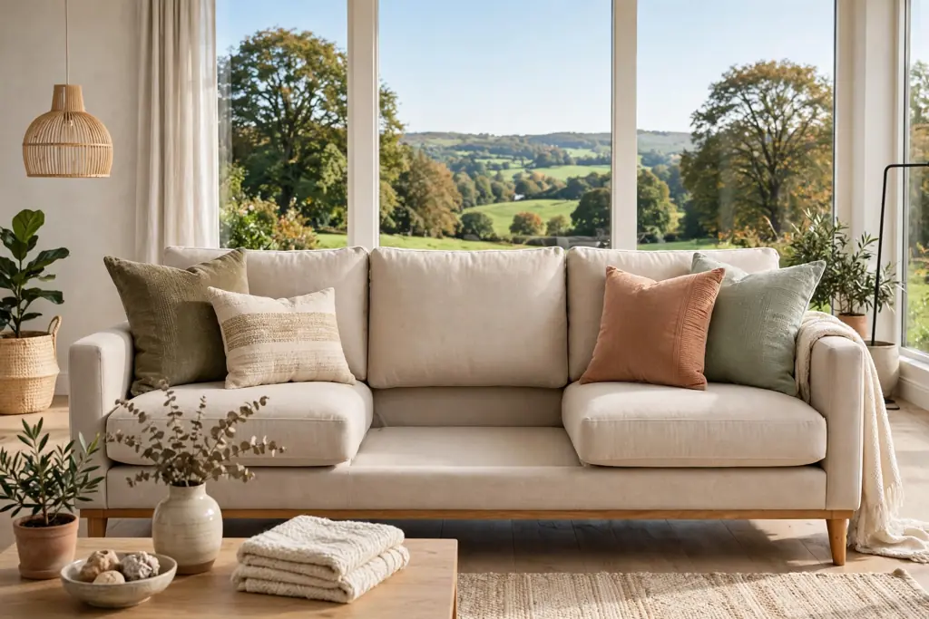 Three seat sofa with five throw pillows and clear open seat space.