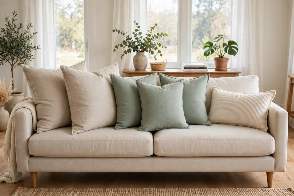 Large, medium, and lumbar throw pillows grouped by size on a sofa.
