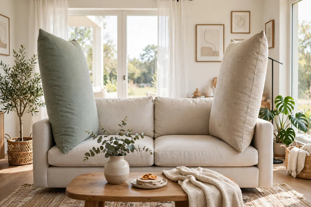 Large throw pillows anchored upright at each end of a sofa.